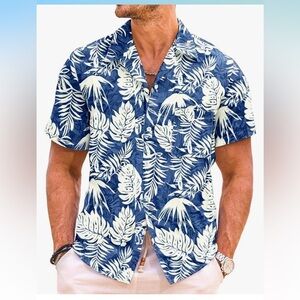 Blue and White Leaf Print Hawaiian shirt large